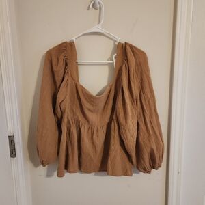 Newbury Kustom Light Brown Long Sleeve Square Neck Peplum Blouse Large